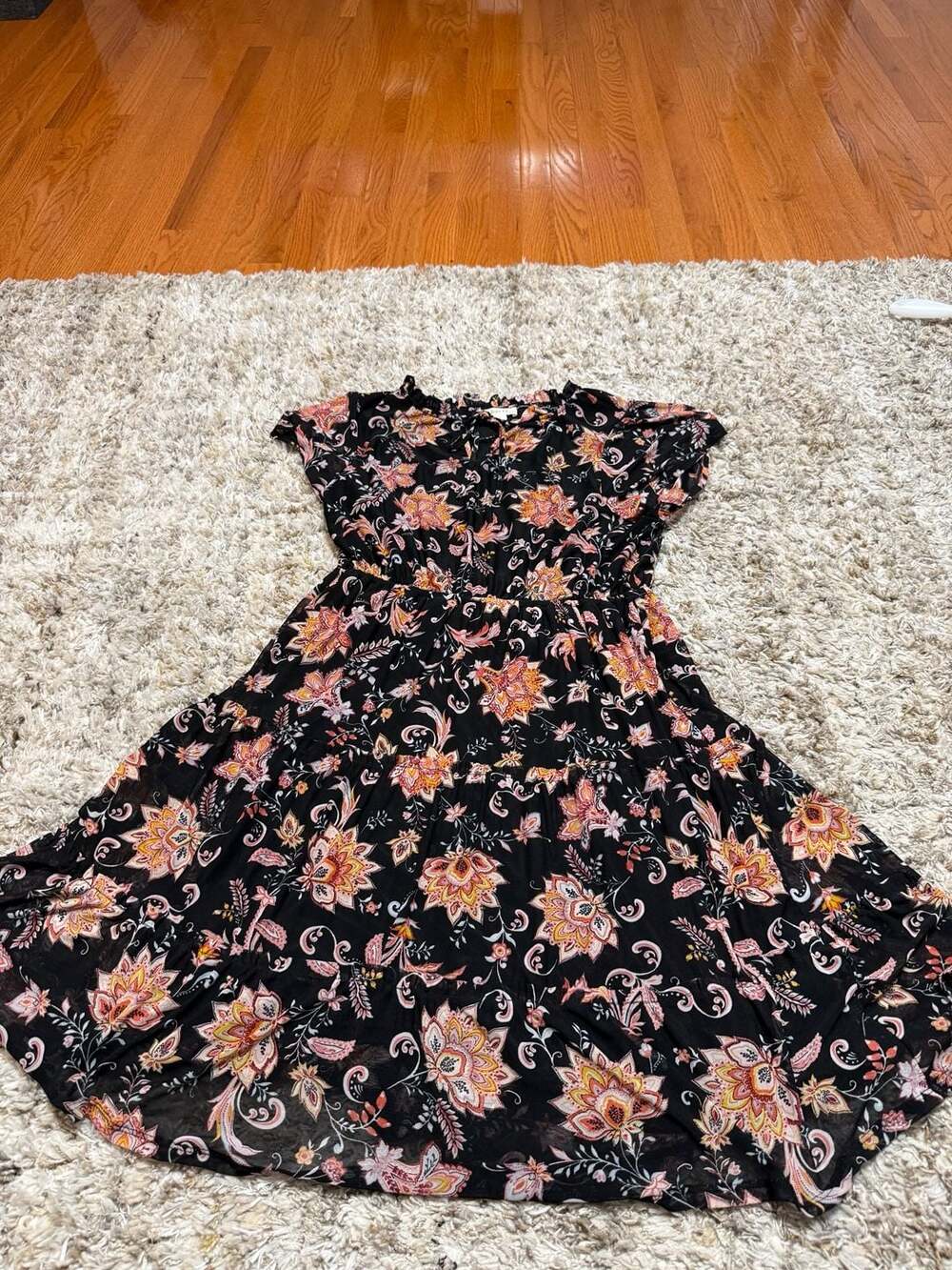 Indigo Rose Floral Print Tiered Dress Size L Black Pink Orange Chiffon
